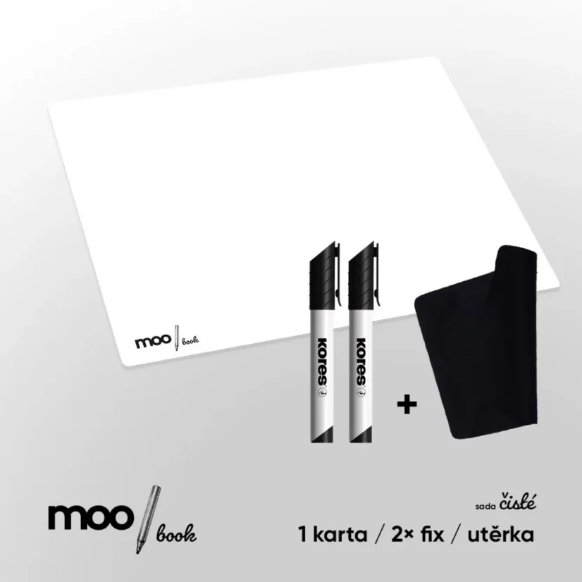 Sada ČISTÉ MOO book™ 2× černý fix s utěrkou