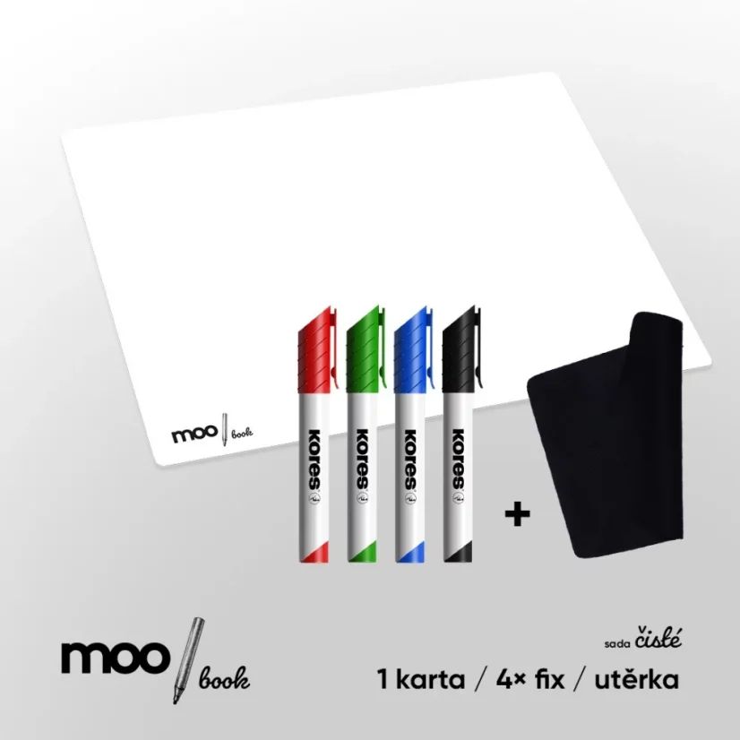 Sada ČISTÉ MOO book™ 4× barevný fix s utěrkou